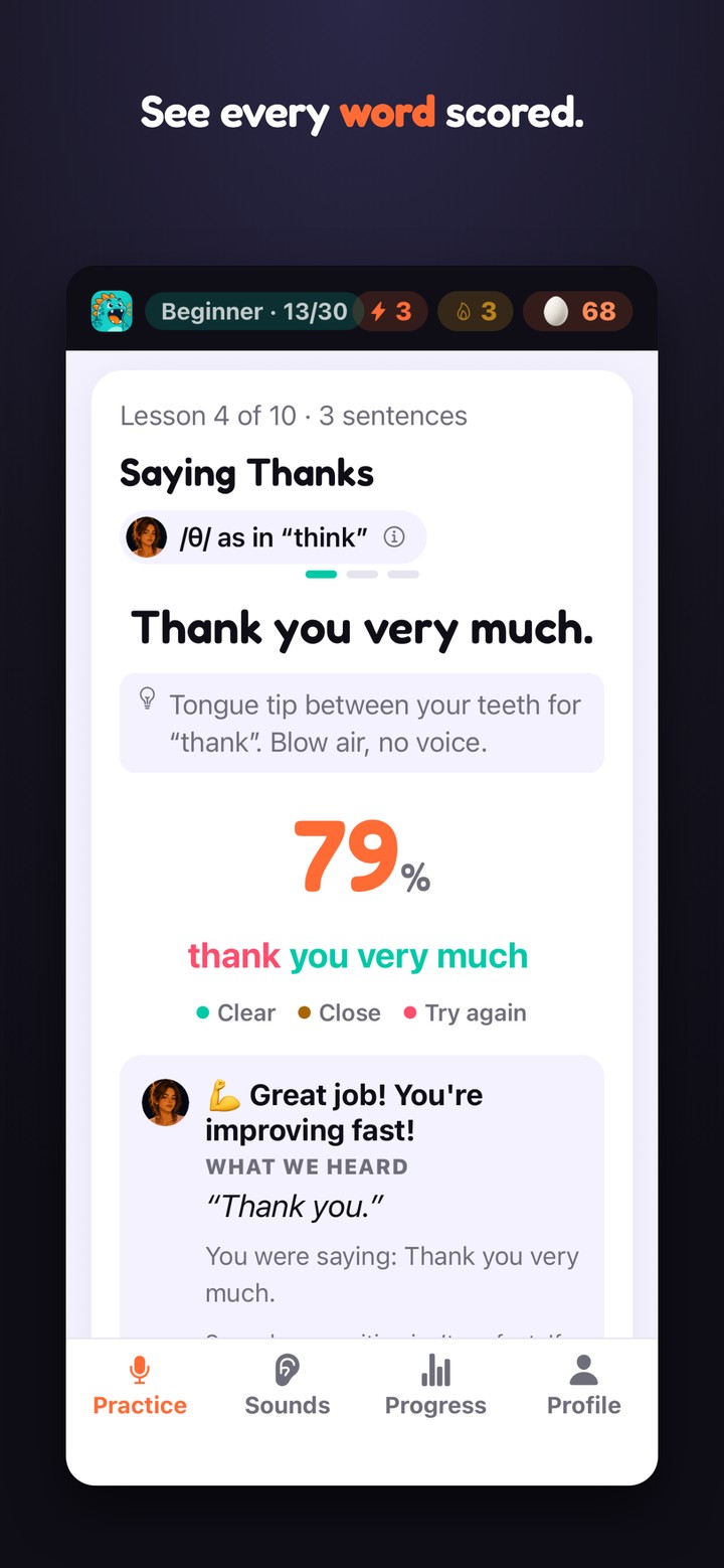 A sentence scored word by word, with a percentage and per-word colours