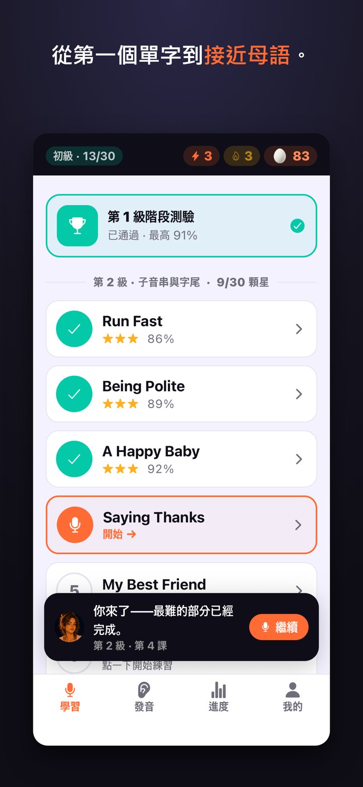 課程地圖，從第一個單字一路到接近母語程度